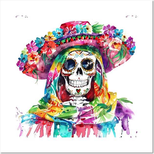 Skull In Mexican Hat Cinco De Mayo Watercolor Wall Art by emhaz